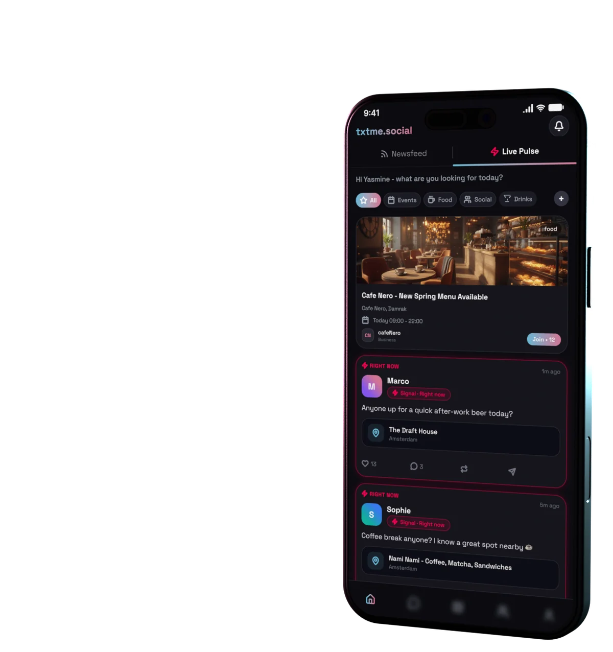 The newsfeed in the txtme.social app