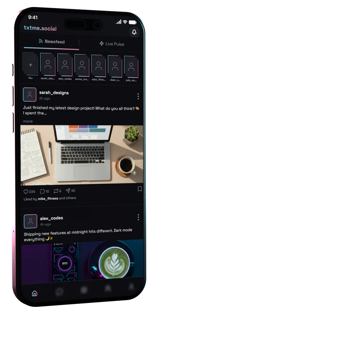 The newsfeed in the txtme.social app