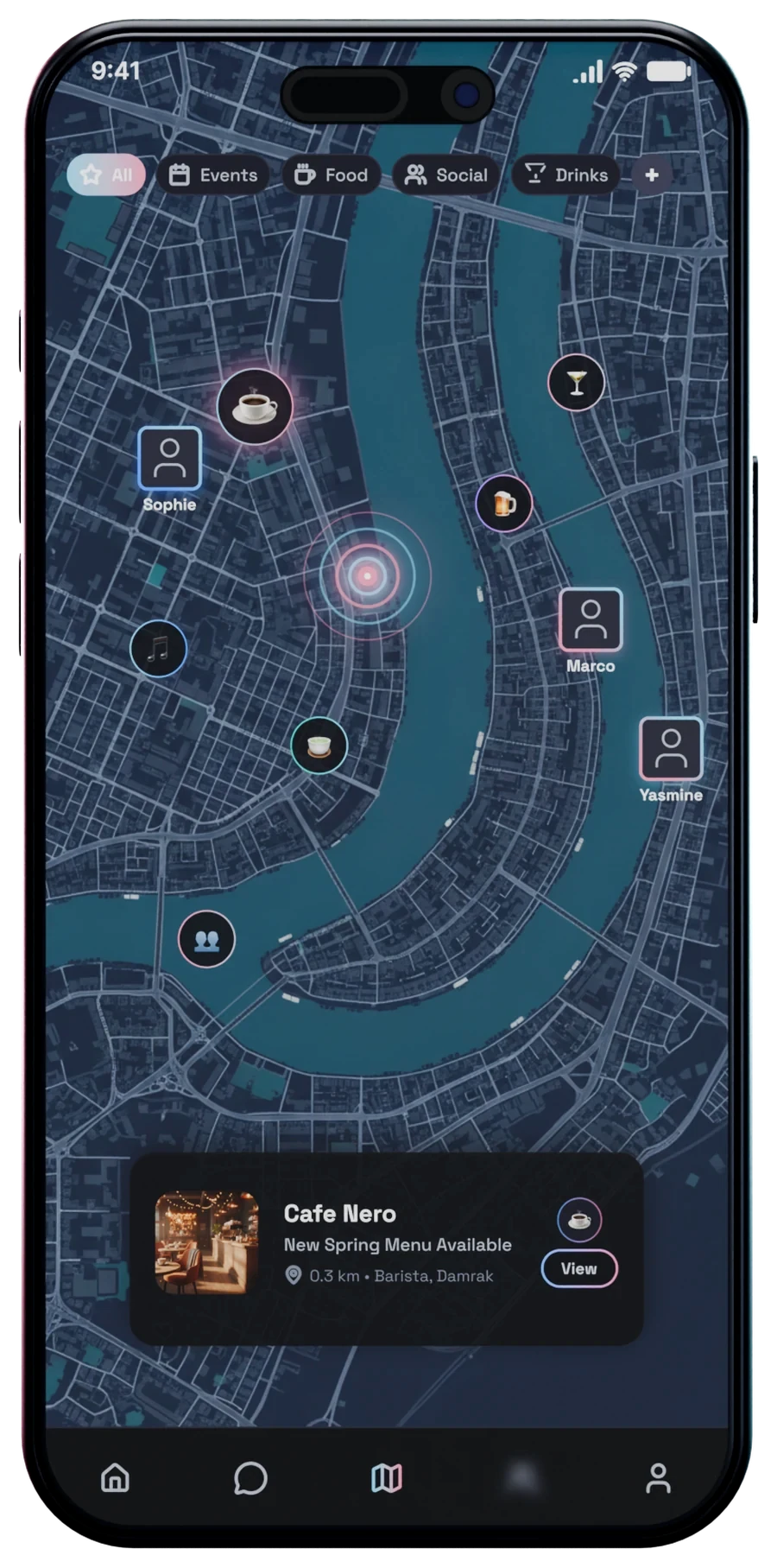 The map: verified places nearby, friends who are out
